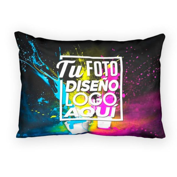 Funda de almohada personalizada extendida mostrando un vibrante diseño impreso a todo color en 70 x 50 cm