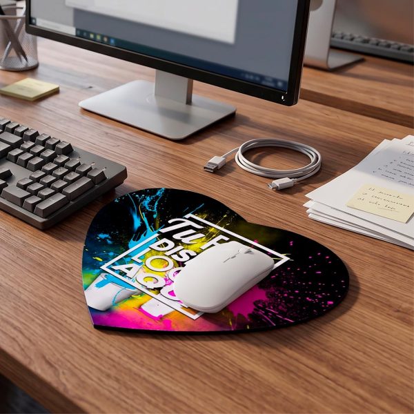 Mousepad corazón personalizado 23 x 22 cm con sobre un escritorio de madera