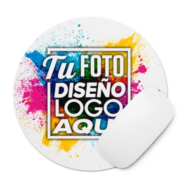 Mousepad redondo personalizado 20 cm a todo color siendo utilizado con un mouse blanco