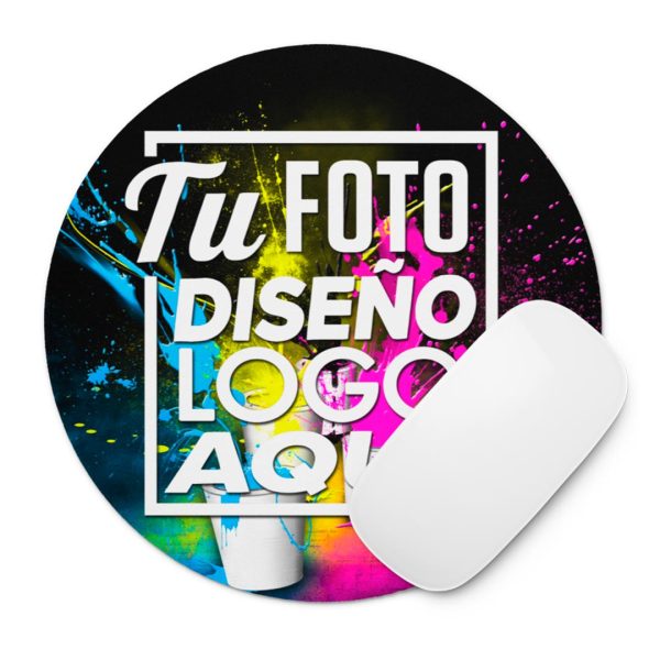 mousepad redondo personalizado 23 cm a todo color siendo utilizado con un ratón blanco