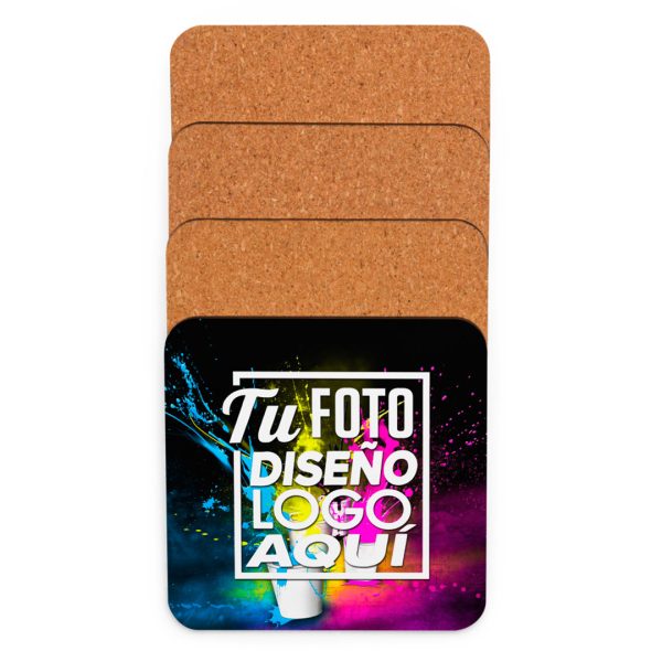 ila de posavasos personalizados cuadrados MDF y corcho (9,5 x 9,5 cm) mostrando ambas caras