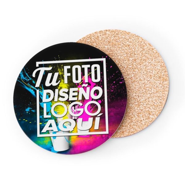 Posavasos personalizados redondos MDF y corcho (9,5 cm) mostrando la superficie impresa y la base trasera