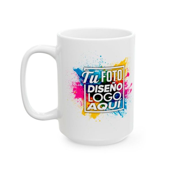 Taza Personalizada 15 oz - Vista Izquierda Vista izquierda de la taza personalizada 15 oz con diseño vibrante.