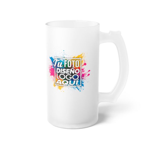 Vaso shopero personalizado 16 oz 470 ml mostrando el estampado con el asa a la derecha